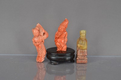 Lot 152 - Two early 20th century Chinese carved coral figures and a soapstone figural seal