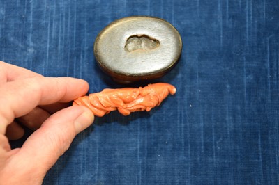 Lot 152 - Two early 20th century Chinese carved coral figures and a soapstone figural seal