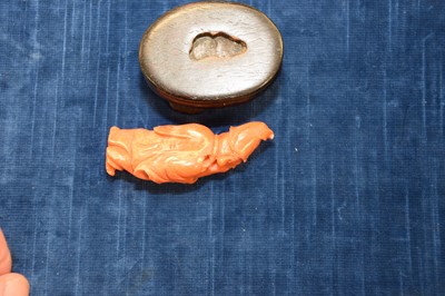 Lot 152 - Two early 20th century Chinese carved coral figures and a soapstone figural seal