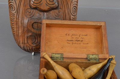 Lot 193 - A 19th Century New Zealand woods treen box and a later vintage carved Koruru Mask