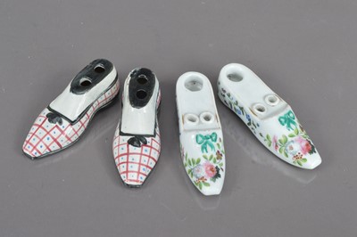 Lot 206 - Two pairs of 19th Century miniature slipper shape inkwells