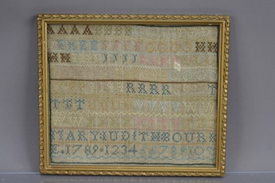 Lot 262 - A framed antique George III period English woolwork sampler dated 1789