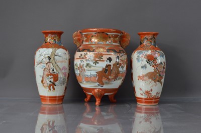 Lot 299 - A pair of c1930s Japanese Kutani porcelain vases and a similar twin handled pot