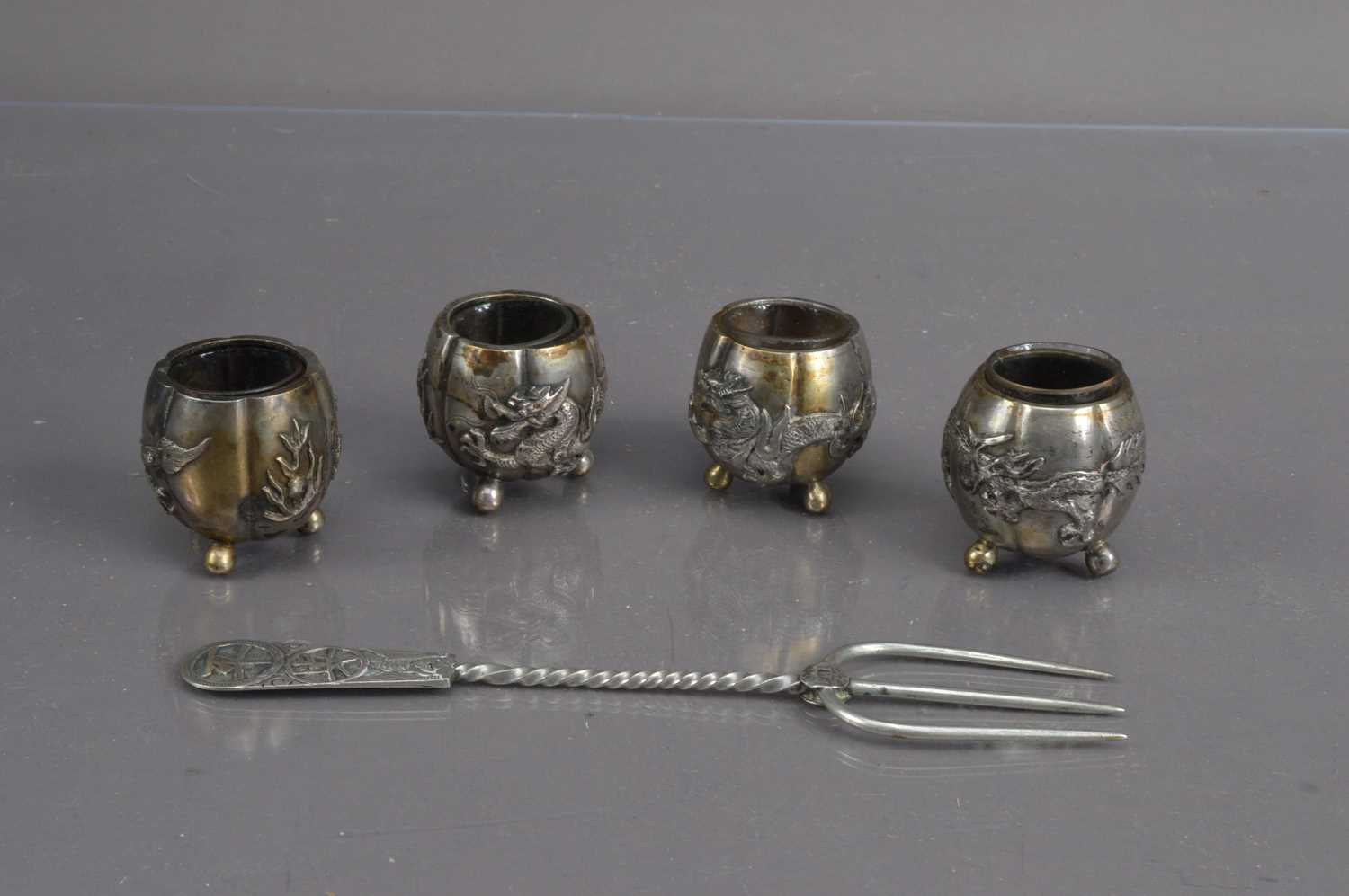 Lot 305 - Four Chinese Silver Salts and a Chinese silver bread fork