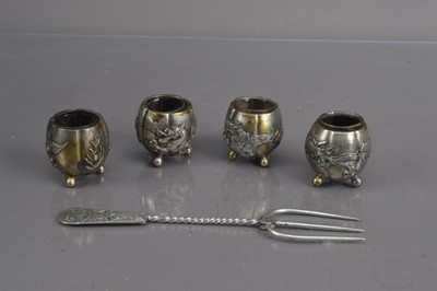 Lot 305 - Four Chinese Silver Salts and a Chinese silver bread fork