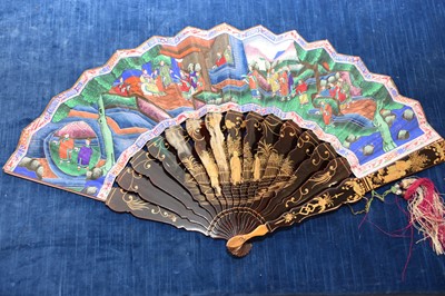 Lot 322 - A Chinese export black lacquer 19th Century hand-painted fan