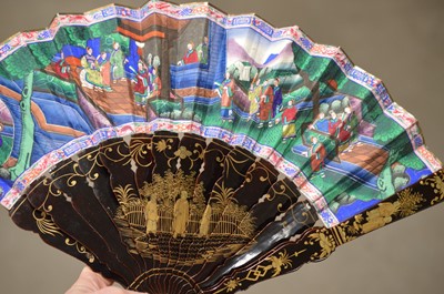 Lot 322 - A Chinese export black lacquer 19th Century hand-painted fan