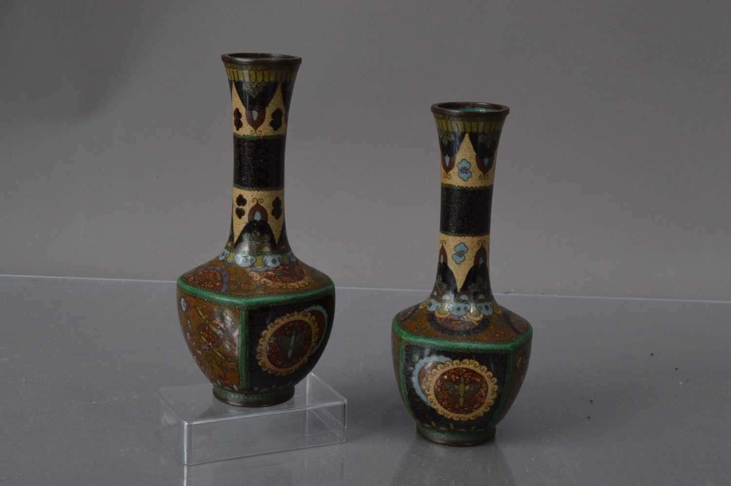 Lot 334 - A pair of Japanese cloisonne mallet shape vases