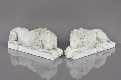 Lot 365 - A pair of white marble resin Antionio Canova Chatsworth Lion models