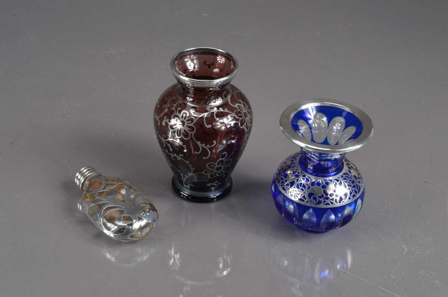 Lot 414 - Three Bohemian silver overlay glass items