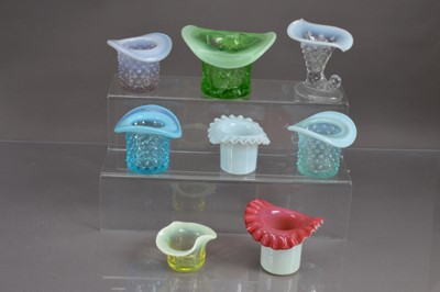 Lot 417 - Eight 20th Century top hat shape opalescent glass trinket pots posy vases friggers etc