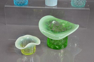 Lot 417 - Eight 20th Century top hat shape opalescent glass trinket pots posy vases friggers etc