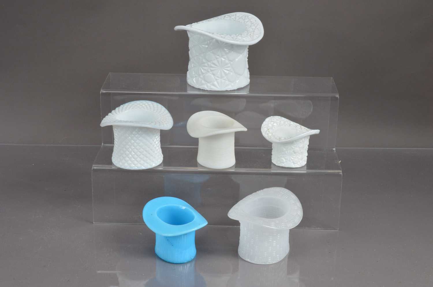 Lot 418 - Six 20th Century top hat shape opaque milk glass trinket pots or posy vases.