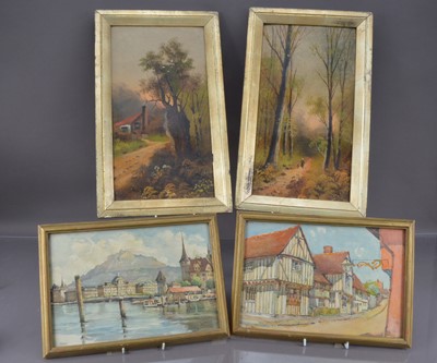 Lot 506 - Two decorative early 20th Century framed oil on card landscape paintings