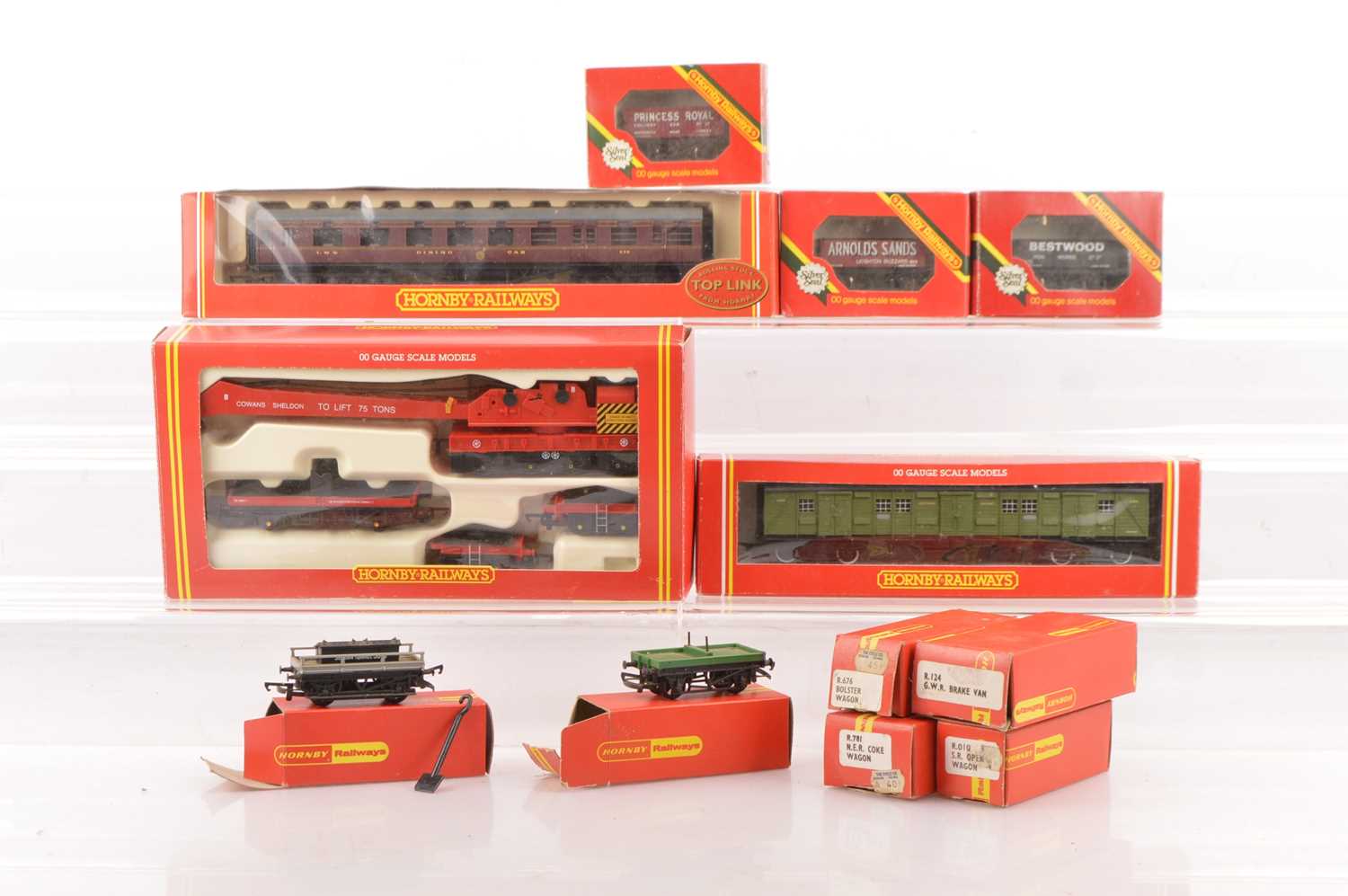 Lot 67 - Hornby 00 Gauge Breakdown Crane and 12-wheel Dining Car with  Utility Van and other Rolling Stock