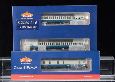 Lot 166 - Bachmann OO Gauge Class 416 Two car EMU and Class 419 Motor Luggage Van both in BR Blue/Grey