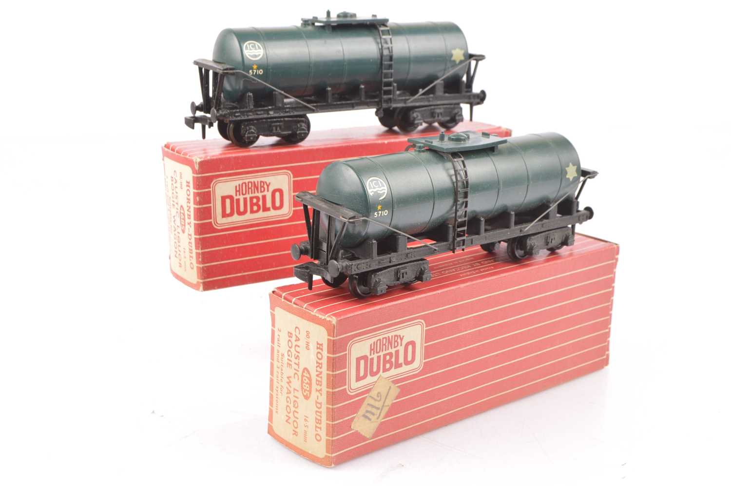 Lot 227 - Pair of Hornby-Dublo 00 Gauge 2-Rail Super Detail 4685 blue ICI Caustic Liquor Bogie Wagons (2)