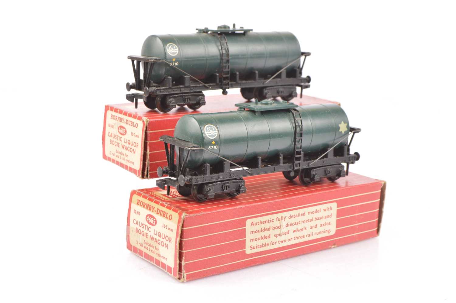 Lot 228 - Pair of Hornby-Dublo 00 Gauge 2-Rail Super Detail 4685 blue ICI Caustic Liquor Bogie Wagons (2)