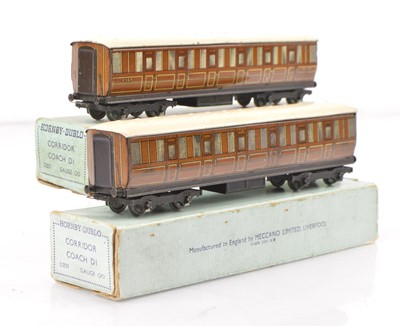 Lot 241 - Two Hornby-Dublo 00 Gauge Pre-War 3-Rail LNER Teak style First/Third boxed D1 Coaches