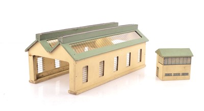 Lot 259 - Hornby-Dublo 00 Gauge Pre-War wooden Engine Shed and Signal Box (2)