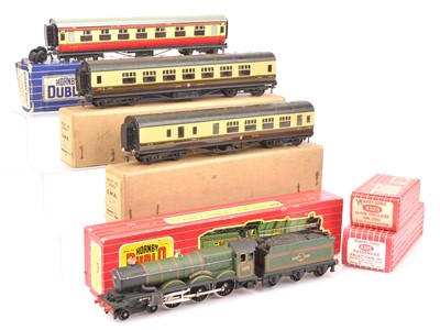 Lot 349 - Hornby-Dublo 00 Gauge 2-Rail Castle Locomotive and Tender BR Coach and two Exley GWR Coaches