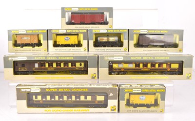 Lot 360 - Three Wrenn 00 Gauge Pullman Coaches and six items of goods Rolling Stock (9)