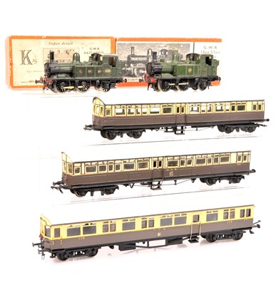 Lot 475 - K's 00 Gauge kitbuilt GWR green Class 14XX 0-4-2 Tank Engines and Kitbuilt Auto Trailer Coaches