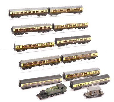 Lot 484 - PC Models and similar 00 Gauge GWR chocolate and cream Topligh Corridor and Slip coaches and Airfix motorised Prairie Tank Engine