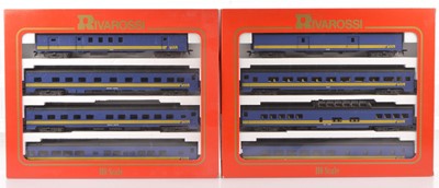 Lot 672 - Pair of Rivarossi H0 Gauge Archive collection VIA blue Coaches with yellow stripes Box Sets (2 sets, 8 coaches)
