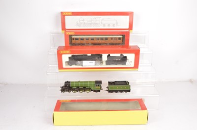 Lot 73 - Hornby 00 gauge Steam locomotives and tenders with a coach in original boxes  (4)