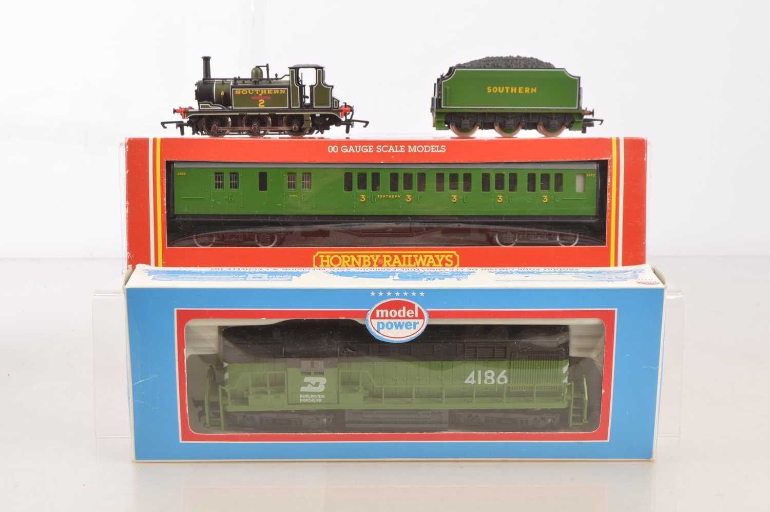 Lot 124 - Hornby 00 Gauge Terrier Tank Engine Schools motorised Tender SR Coach and Model Power US Outline Diesel