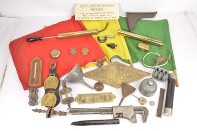 Lot 432 - Assorted metal memorabilia including a reproduction loco worksplate and flags (qty)