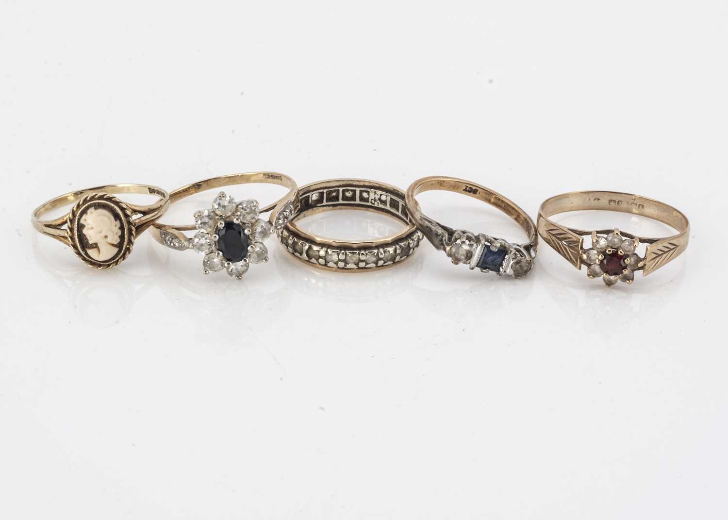 Lot 45 - A collection of five 9ct gold gold gem set rings