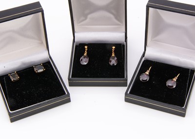 Lot 108 - Three pairs of contemporary garnet and 9ct gold earrings