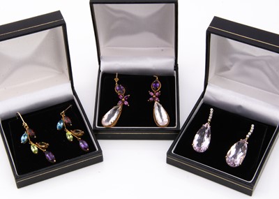 Lot 109 - Three pairs of contemporary gem set and gold drop earrings