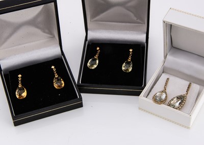Lot 110 - Three pairs of citrine and gem set drop earrings