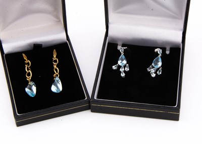Lot 112 - A pair of contemporary aqua and topaz QVC white gold drop chandelier earrings