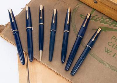Lot 254 - Six  blue Parker fountain pens