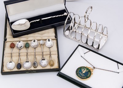 Lot 312 - A cased set of six George V silver coffee spoons with hardstone terminals and other items