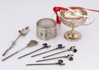 Lot 313 - A set of five silver and enamel cocktail sticks and four other items