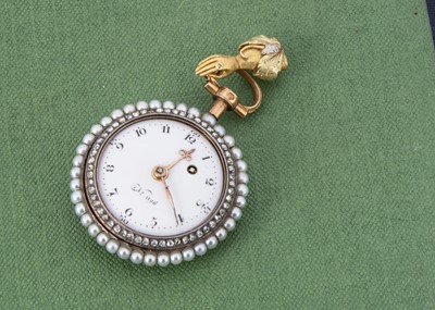 Lot 38 - A pretty 19th century continental gold and enamel with diamond and seed pearl ladies fob watch