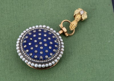 Lot 38 - A pretty 19th century continental gold and enamel with diamond and seed pearl ladies fob watch