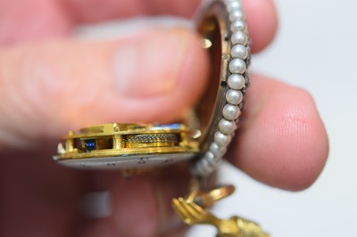 Lot 38 - A pretty 19th century continental gold and enamel with diamond and seed pearl ladies fob watch