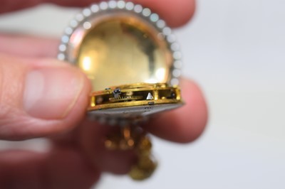 Lot 38 - A pretty 19th century continental gold and enamel with diamond and seed pearl ladies fob watch