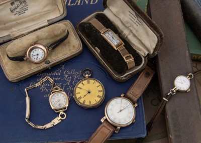 Lot 139 - Five vintage gold cased wristwatches and a gold pocketwatch