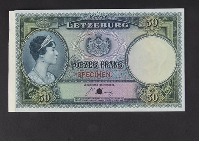 Lot 114 - Specimen Bank Note:  Letzeburg specimen 50 Frang