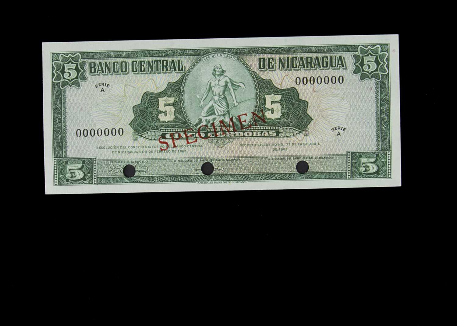 Lot 130 - Specimen Bank Note:  Central bank of Nicaragua specimen 5 Cordobas