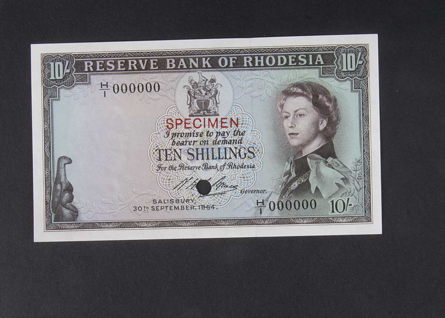 Lot 136 - Specimen Bank Note:  Reserve Bank of Rhodesia specimen 10 Shillings