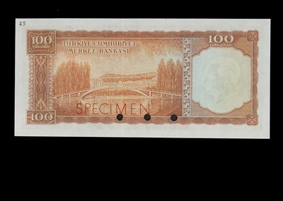 Lot 174 - Specimen Bank Note:  Turkey specimen 100 Turk Lirasi