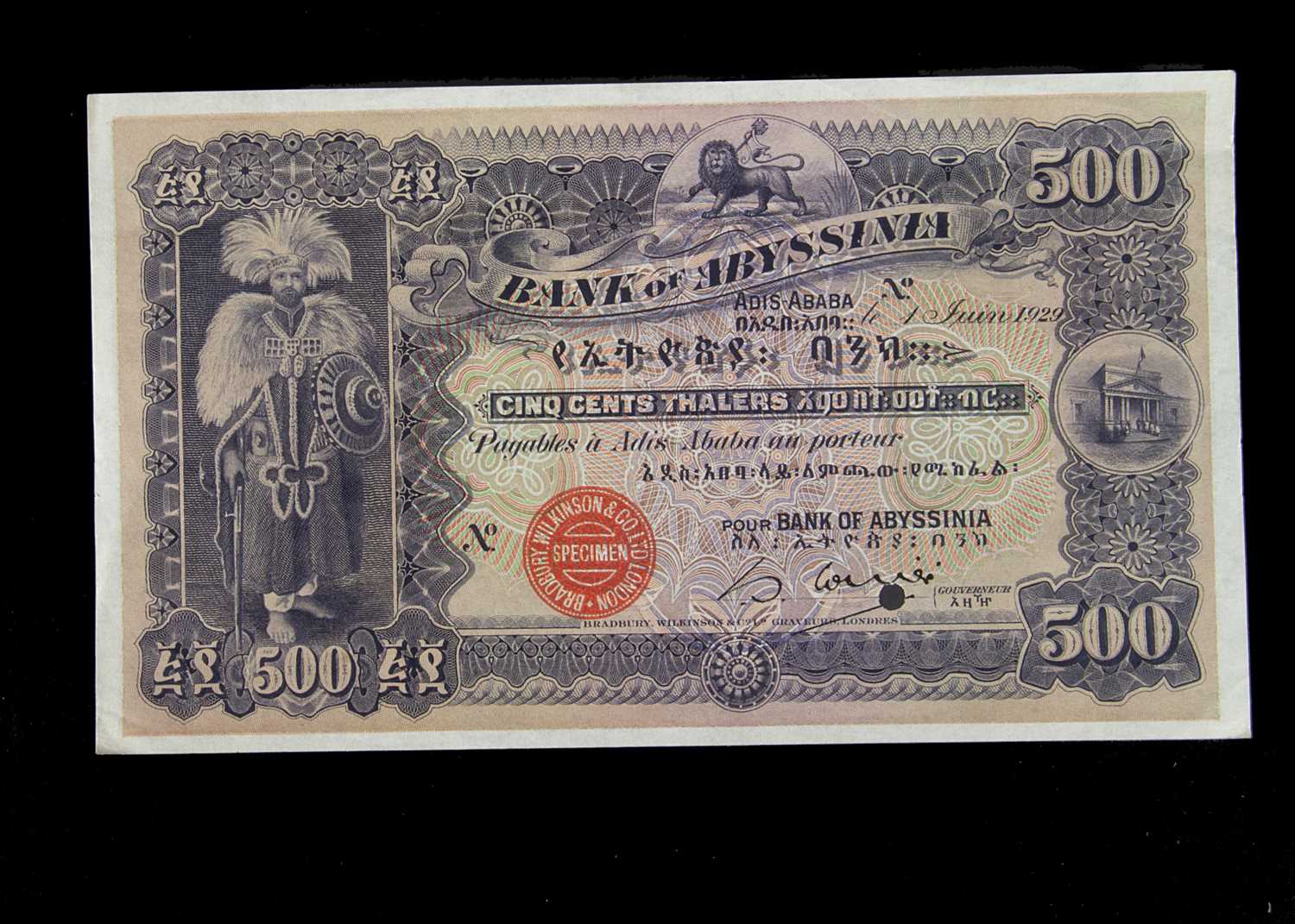 Lot 340 - Specimen Bank Note:  Abyssinia specimen 500 Thalers